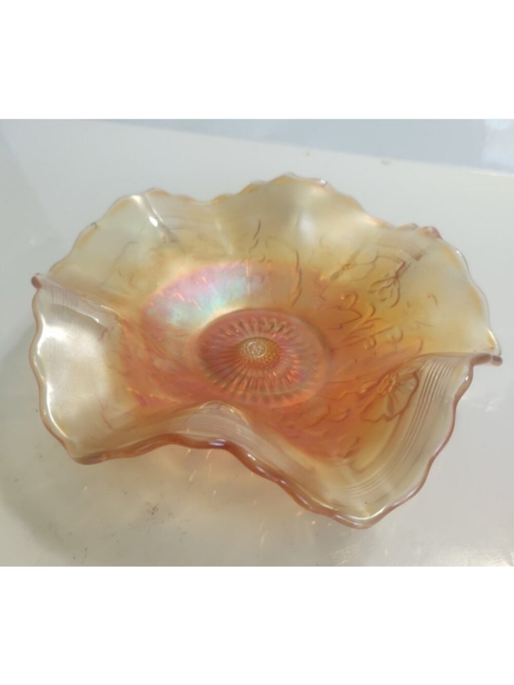 Antique marigold carnival glass ruffled bowl Northwood Glass 7 1/2" marked